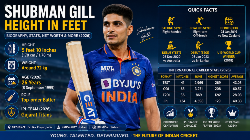 Shubman Gill Height in Feet